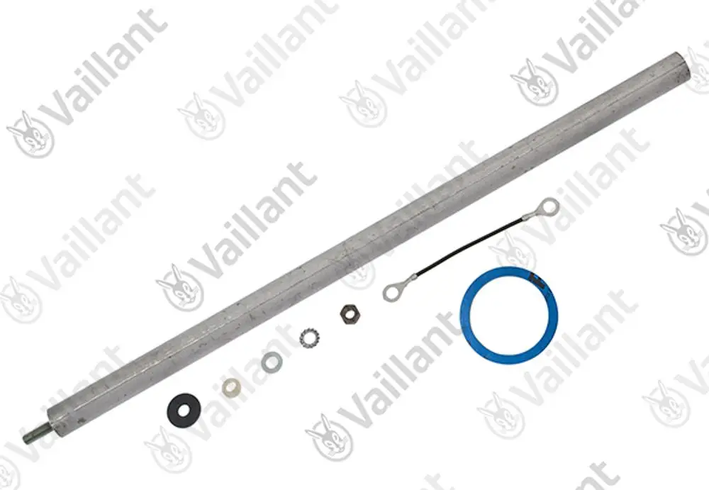 Vaillant Anode aus Metall mit verschiedenen Befestigungselementen, darunter Unterlegscheiben und eine Drahtverbindung, angeordnet auf hellem Hintergrund.